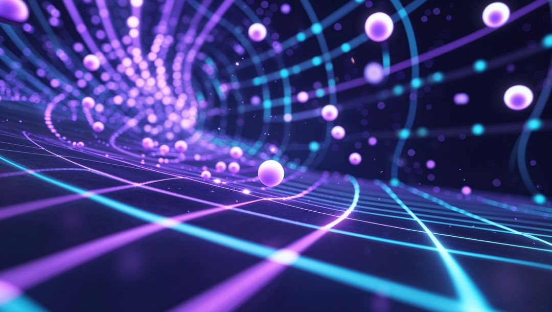 Immersive Neon Tunnel with Floating Spheres in Digital Space