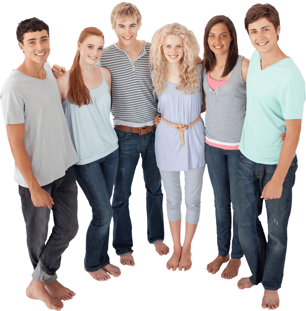 Group of Smiling Friends Embracing in Casual Transparent Attire