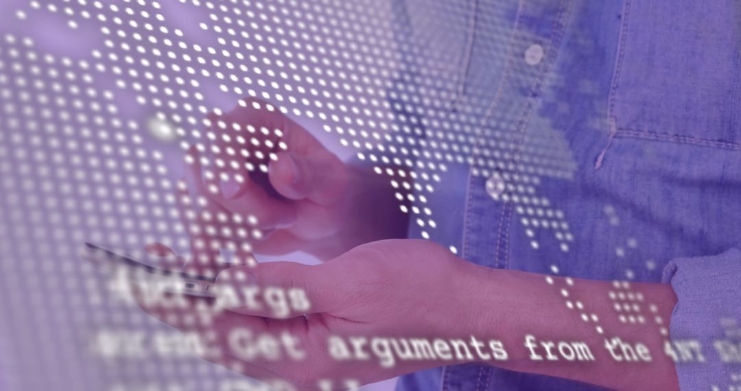 Hands Using Smartphone with Abstract Digital Overlay