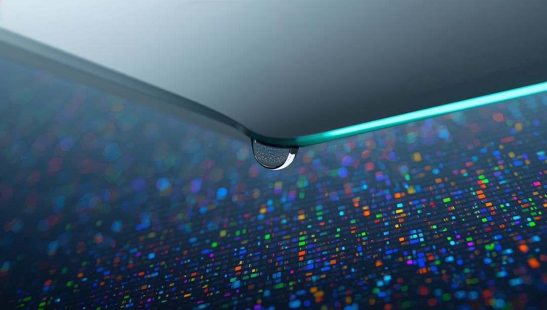 Macro droplet reflecting multicolored pixel lights on thin teal glass edge