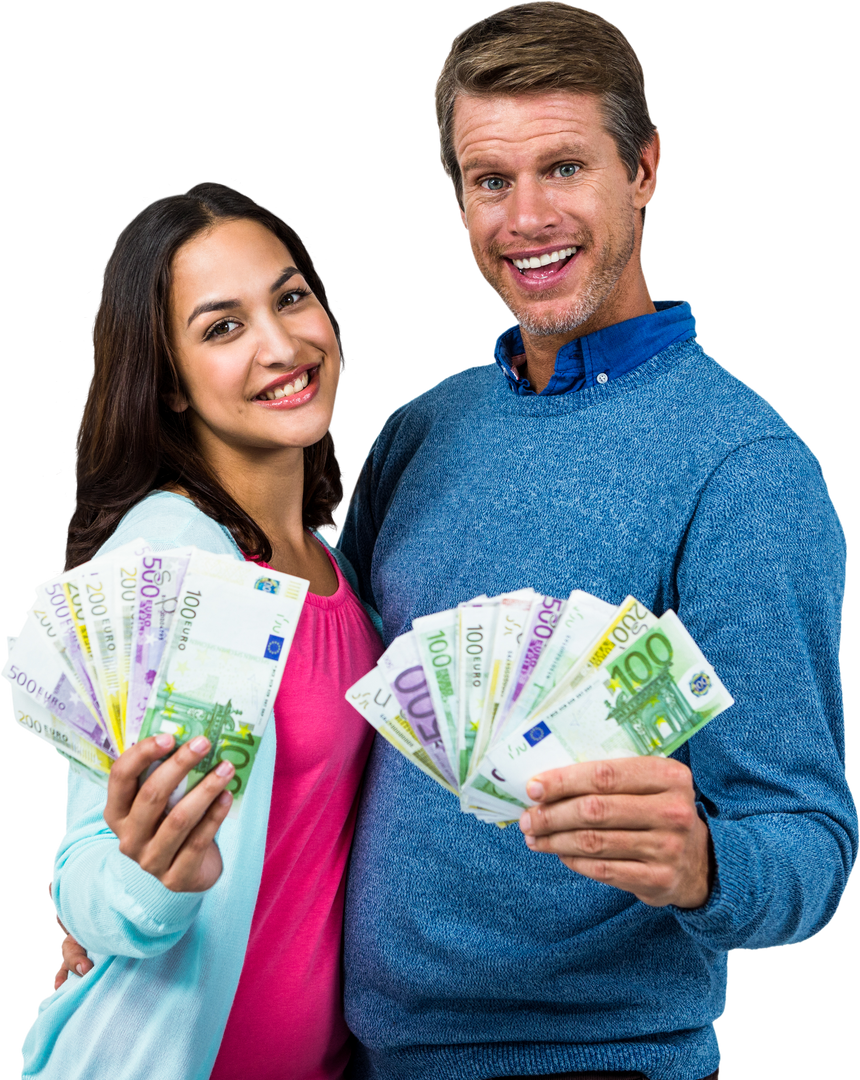 Smiling Couple Demonstrating Wealth with Euro Bills on Transparent Background - Download Free Stock Images Pikwizard.com