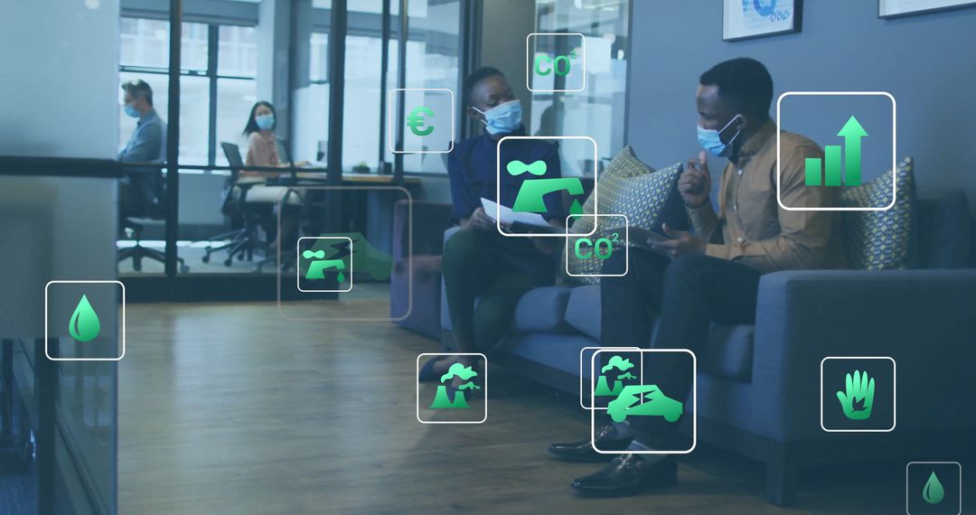 Eco Icons Over Professionals in Modern Office on Environmental Issues