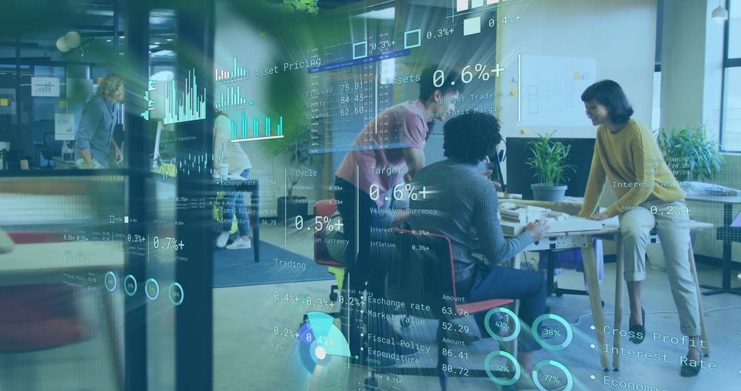 Digital Interface Overlaid on Diverse Team in Collaborative Office