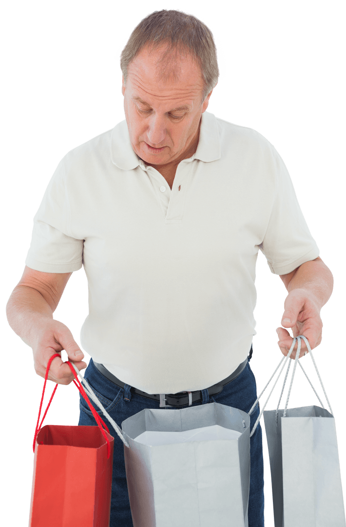 Caucasian Male Checking Shopping Bags on Transparent Background
