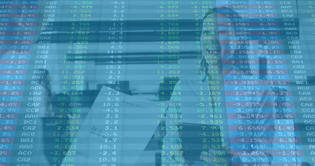 Digital Display of Financial Data and Businesswoman in Office