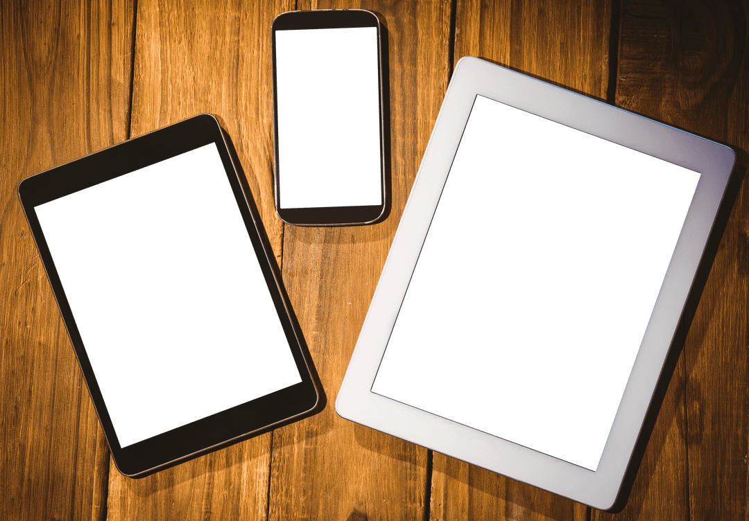 Digital Gadgets Flat Lay on Wooden Transparent Background