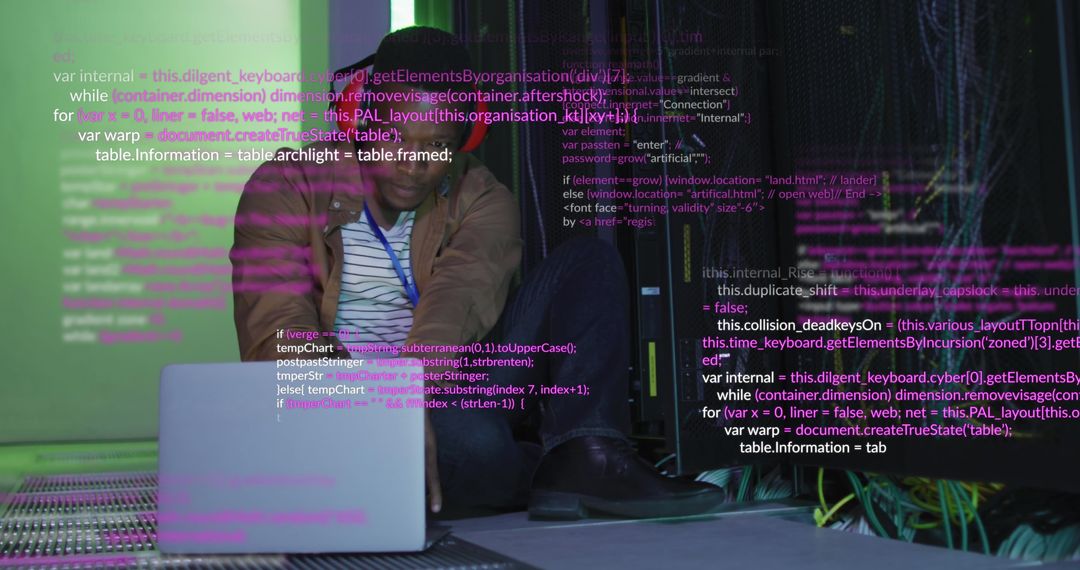 Engineer Adjusting Server with Data Overlay in Technology Center