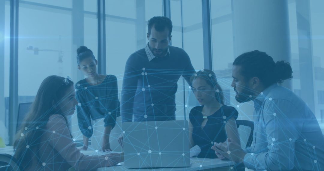 Business Team Networking During Office Meeting with Data Visualization Overlay