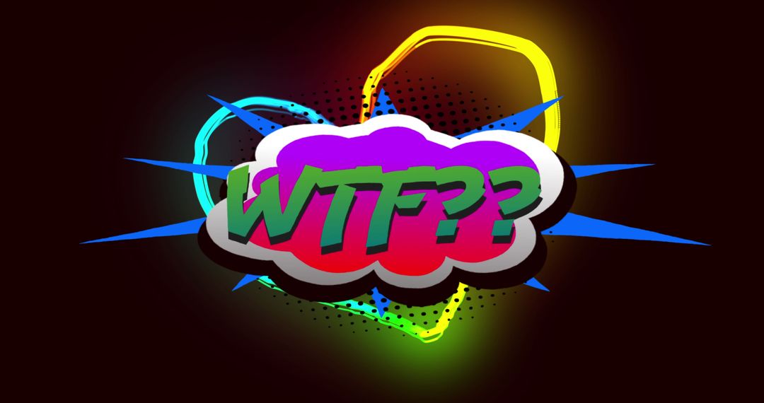 Bright Neon WTF Text with Colorful Heart on Black Background
