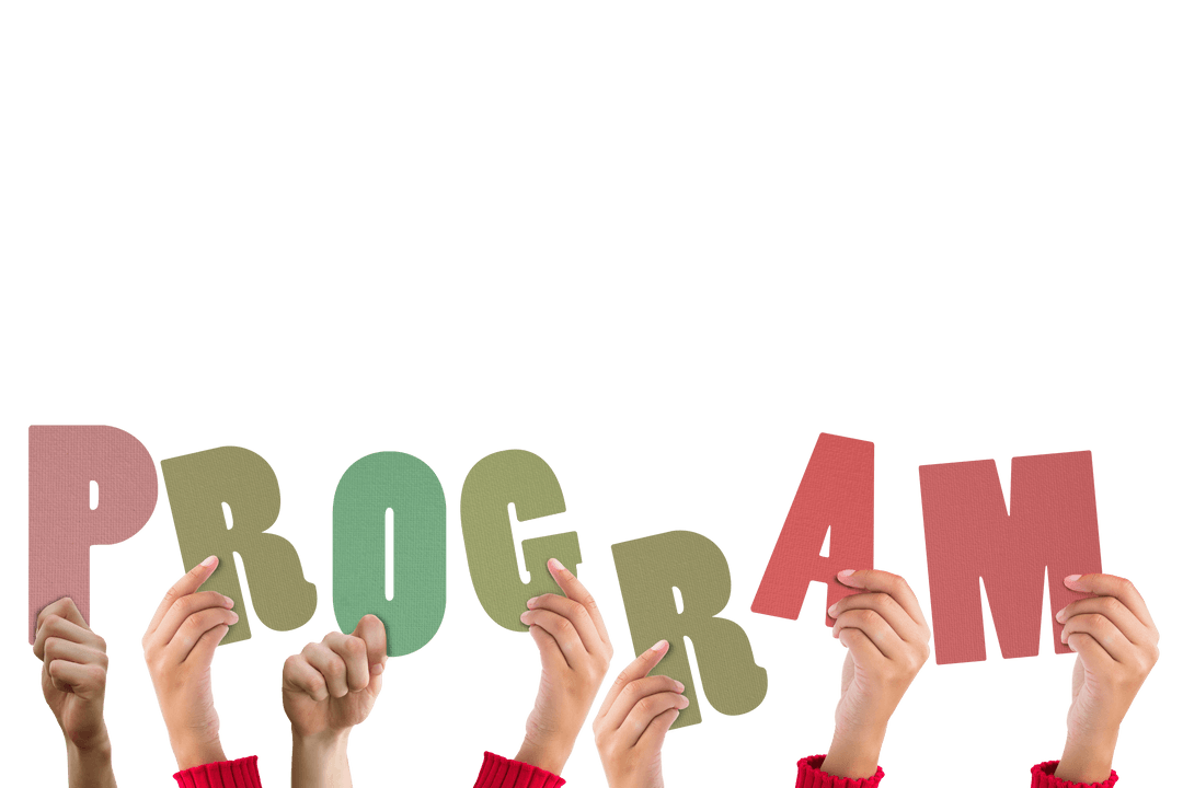 Hands Holding Letters Forming 'Program' on Transparent Background