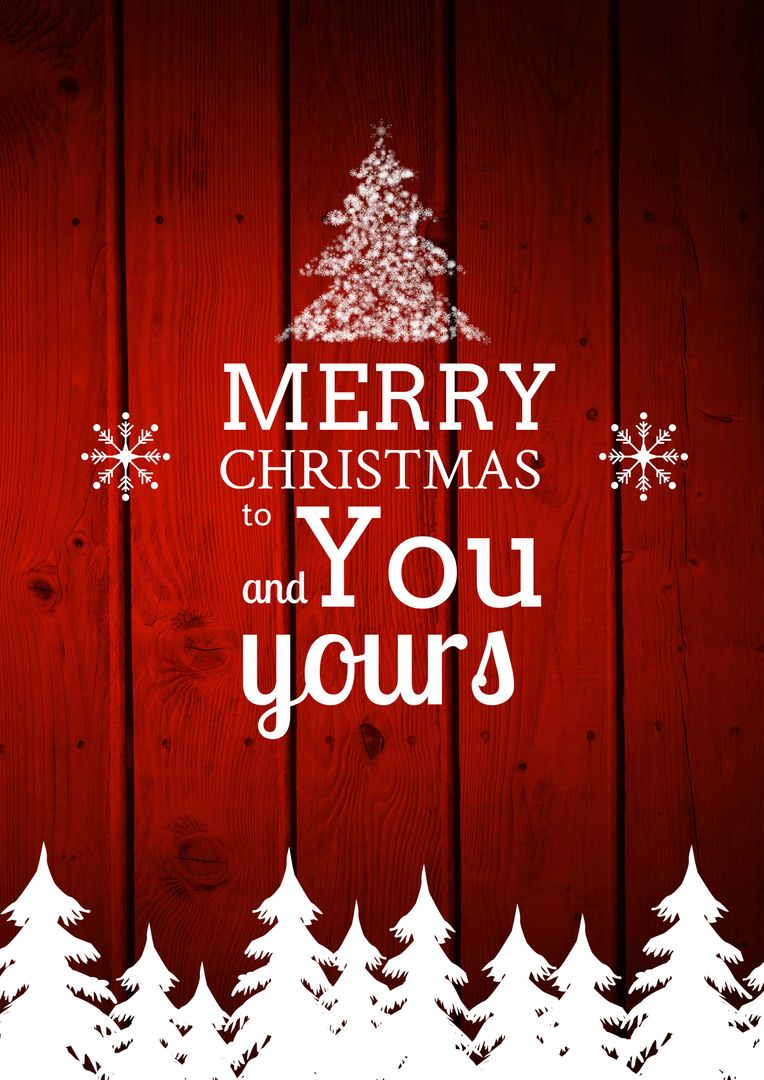Festive Christmas Greeting with Snowy Pine and Red Wooden Background