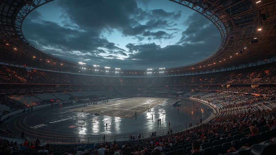 Stadium with Illuminating Floodlights and Reflective Wet Track Under Open Sky