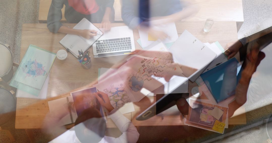 Business Team Collaborating with Double Exposure of Digital and Physical Work