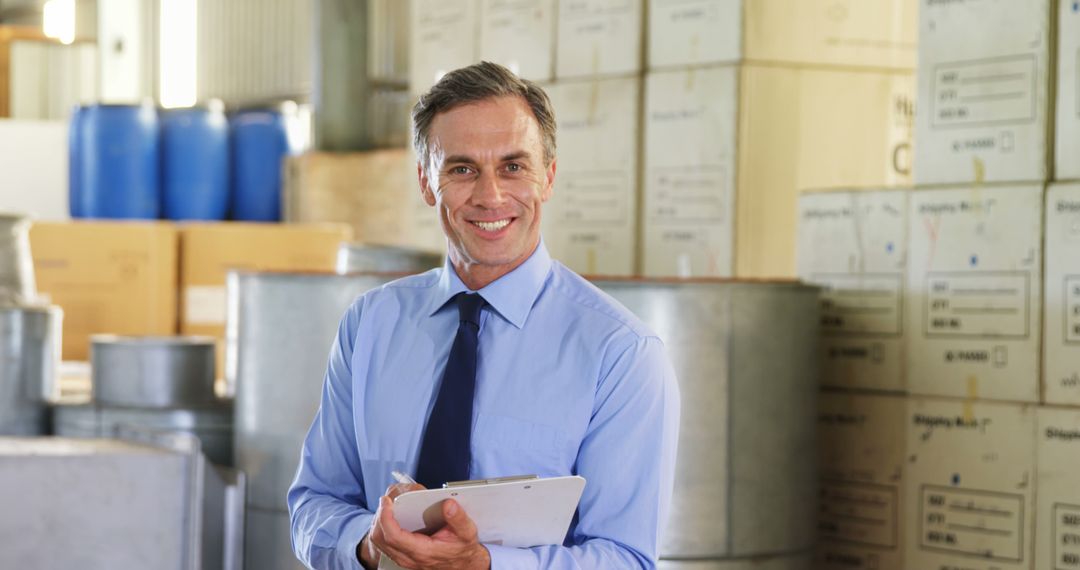 Confident Warehouse Manager Holding Clipboard Smiling in Industrial Storage Area - Free Images, Stock Photos and Pictures on Pikwizard.com