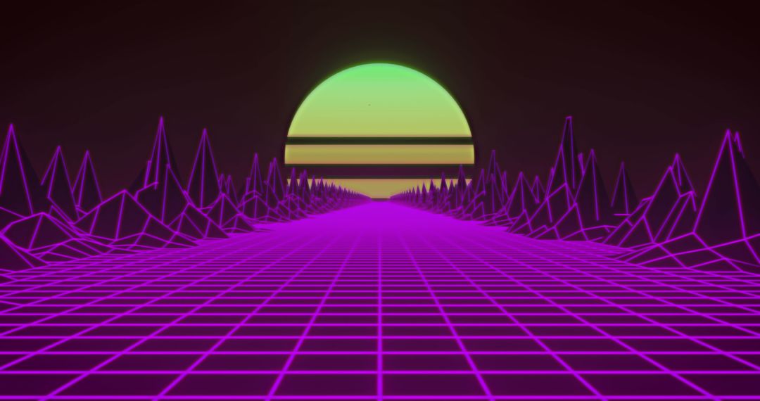 Retro Futuristic Grid Landscape with Grid and Abstract 3D Structures