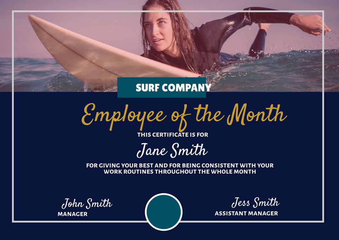 Employee of the Month Certificate Featuring Woman Surfer Highlighting Achievement - Download Free Stock Templates Pikwizard.com