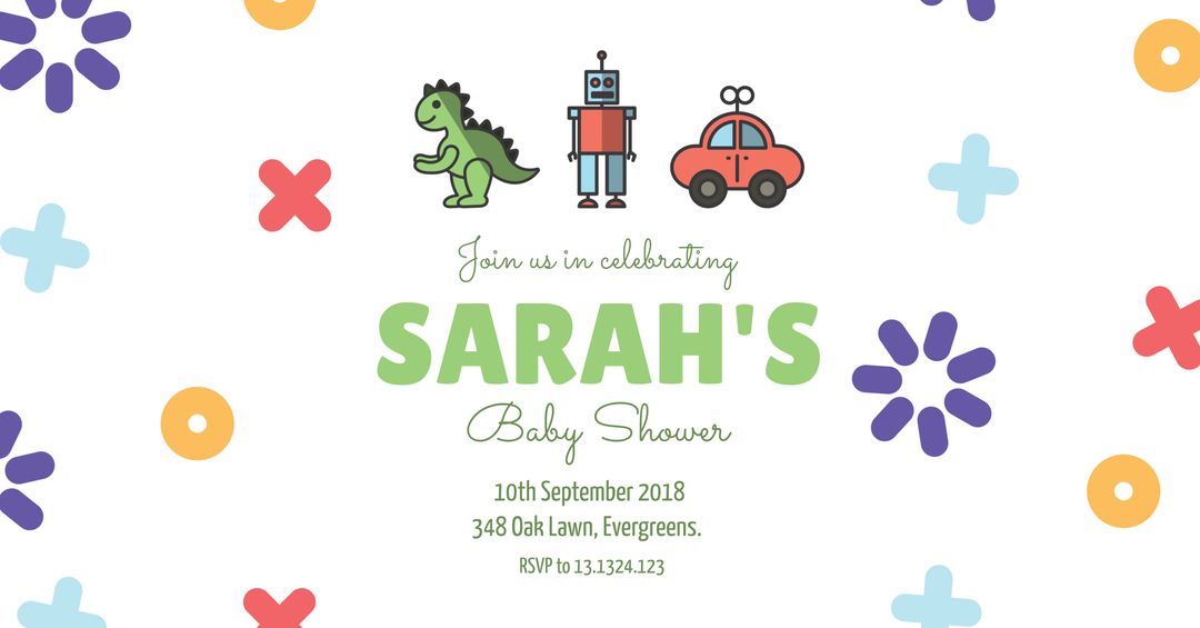 Colorful Baby Shower Invitation with Playful Icons and Contact Information - Download Free Stock Templates Pikwizard.com