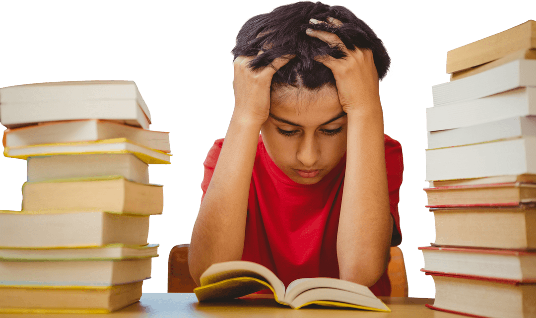 Transparent Background of Stressed Boy Surrounded by Books