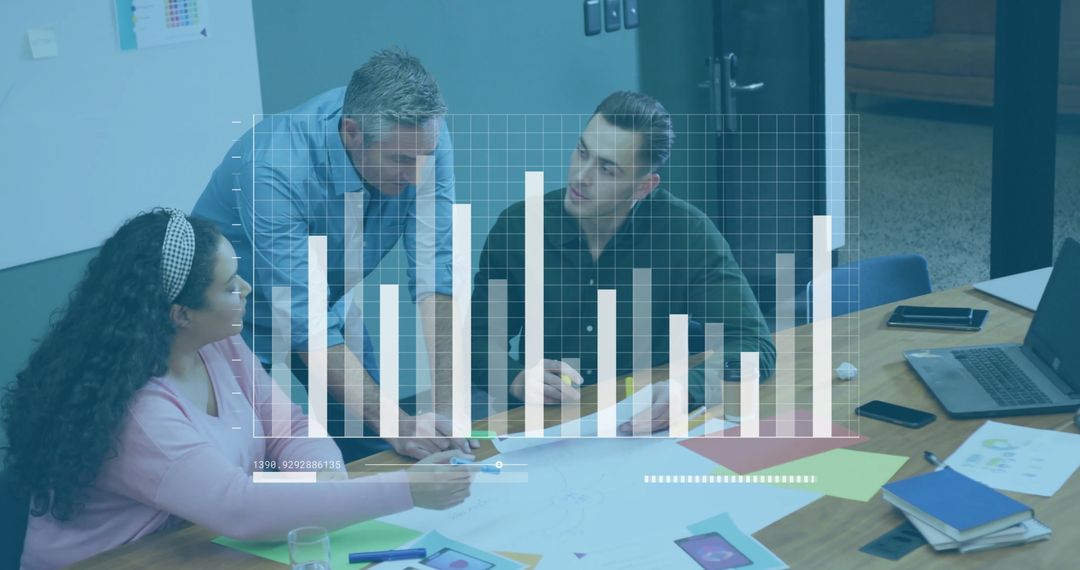 Team Collaborating on Analysis with Digital Chart Overlay