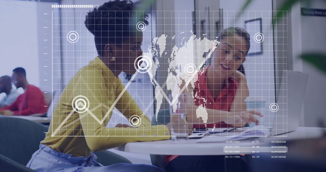 Women Collaborating in Office with Digital World Map Overlay