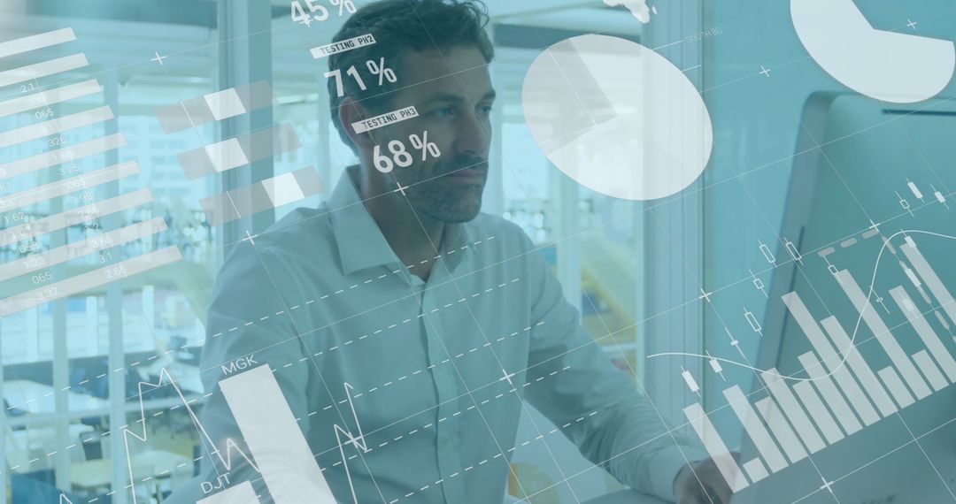 Businessman Analyzing Virtual Data Charts in Modern Office