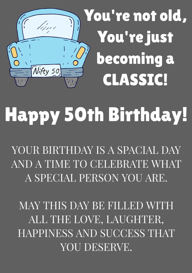 Happy 50th Birthday Card with Classic Car on Grey Background - Download Free Stock Templates Pikwizard.com