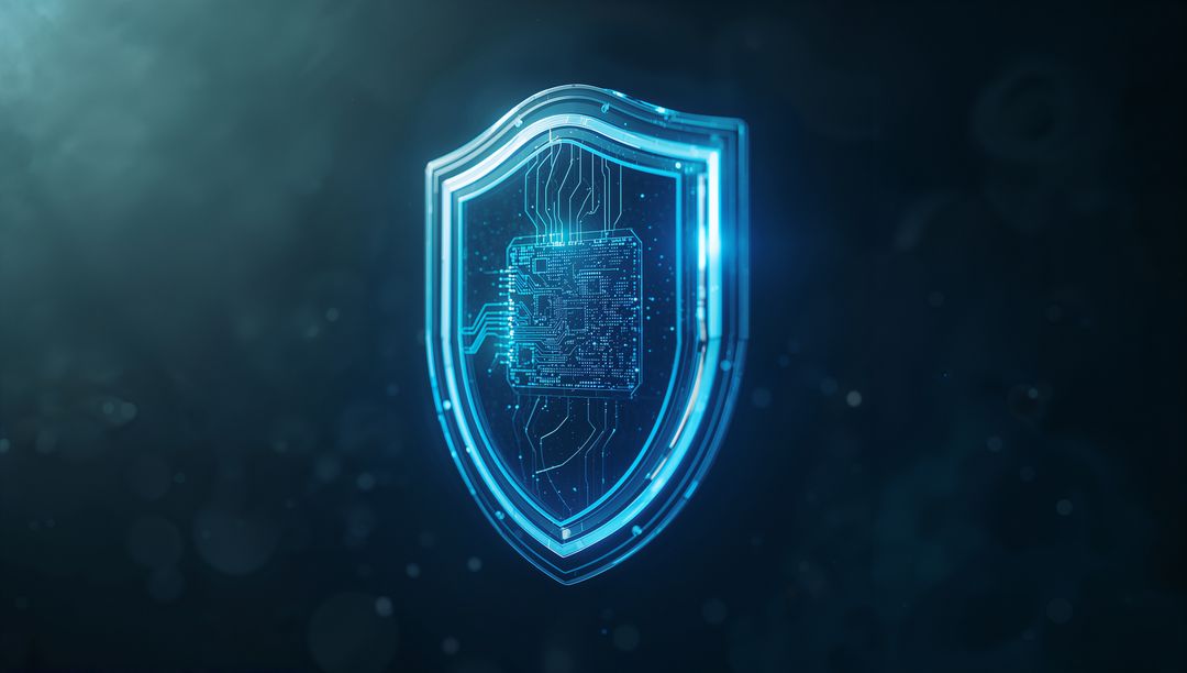 Glowing Circuitry Shield on Digital Interface Symbolizing Cybersecurity