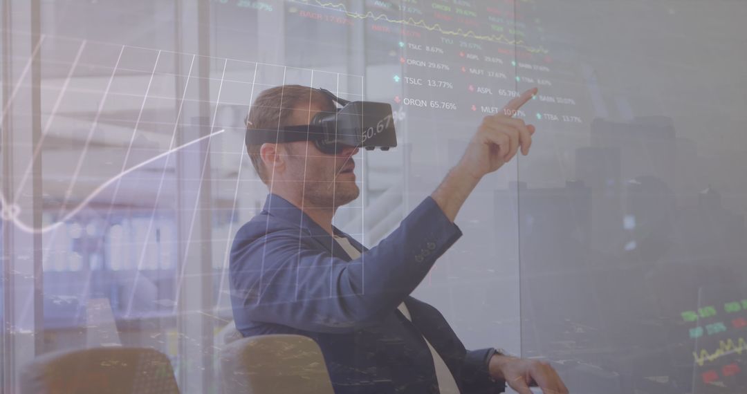 Businessman Using VR Headset Amidst Virtual Financial Data