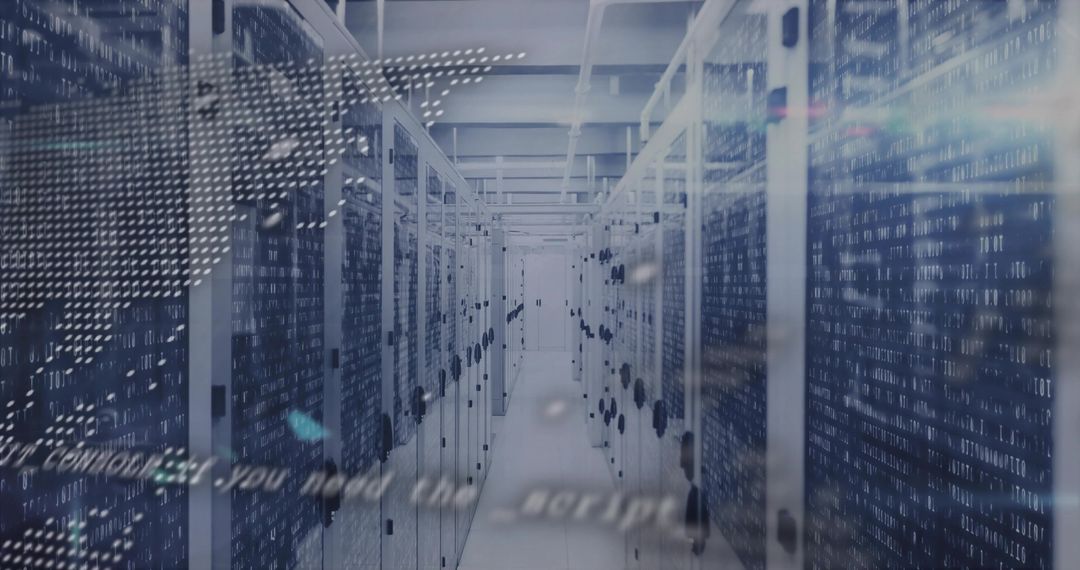 Showing futuristic data center corridor with binary code overlay and glass server racks