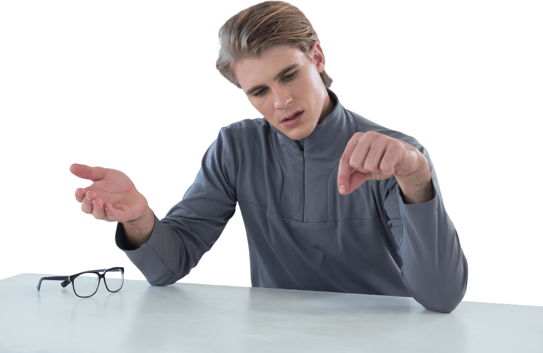 Businessman Examining Transparent Object at White Table