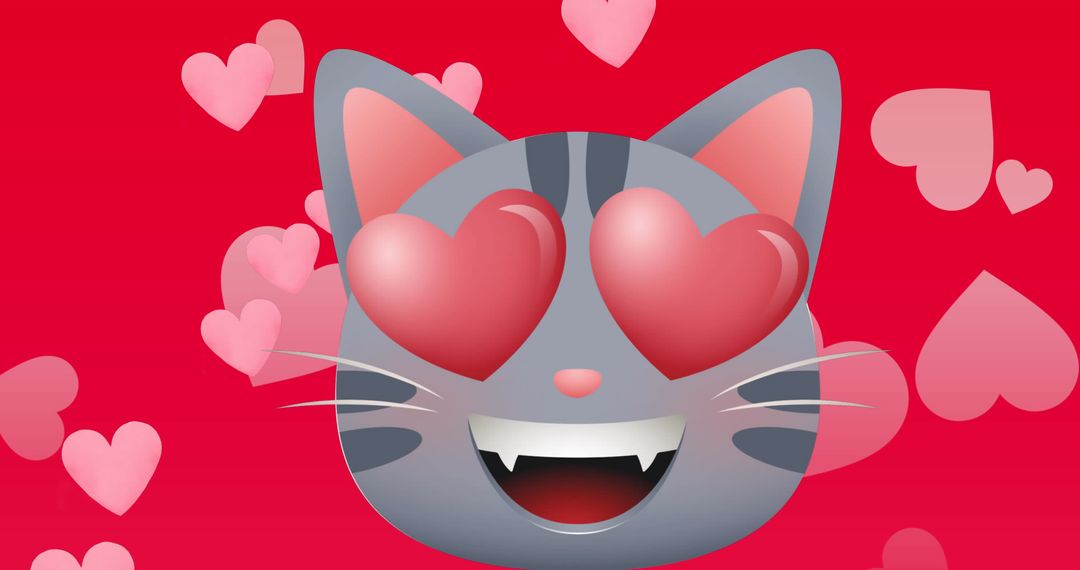Heart-Eyed Cat Emoticon with Floating Hearts on Red Background