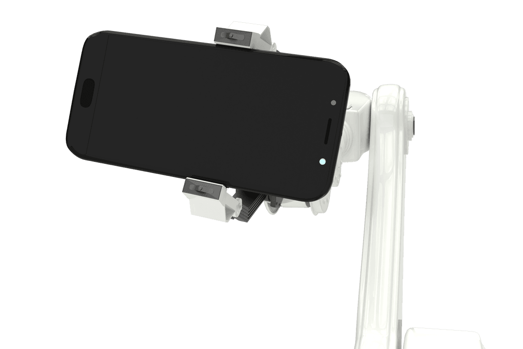 Transparent Robot Arm Holding Smartphone Isolated on White