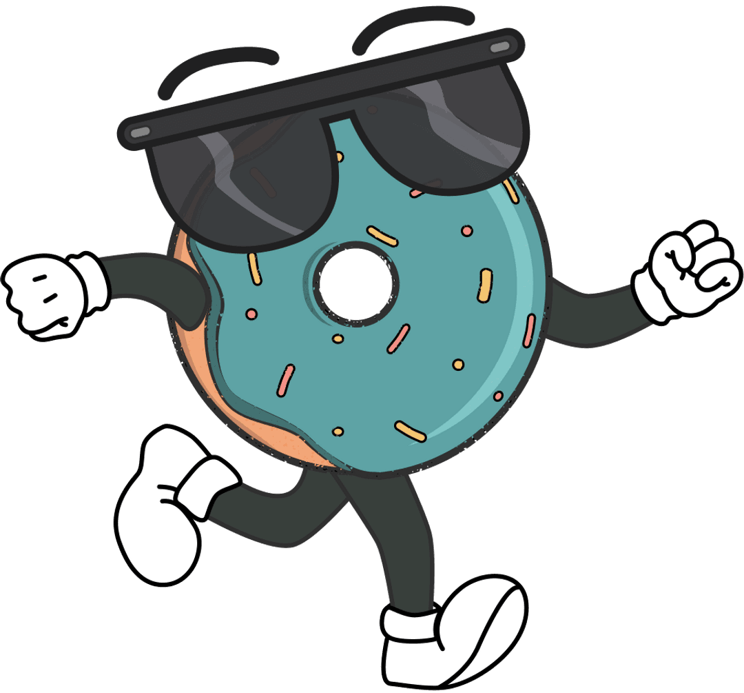 Energetic Doughnut Mascot Sprinting with Sunglasses on Transparent Canvas