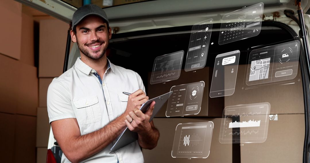 Smiling Delivery Man with Digital Interface Displaying Data