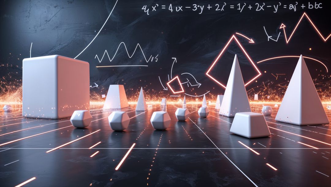 Futuristic Scientific Scene with Geometric Shapes and Equations