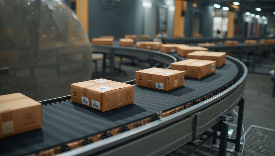 Curved Conveyor Belt Carrying Brown Shipping Boxes Through Automated Warehouse Sorting