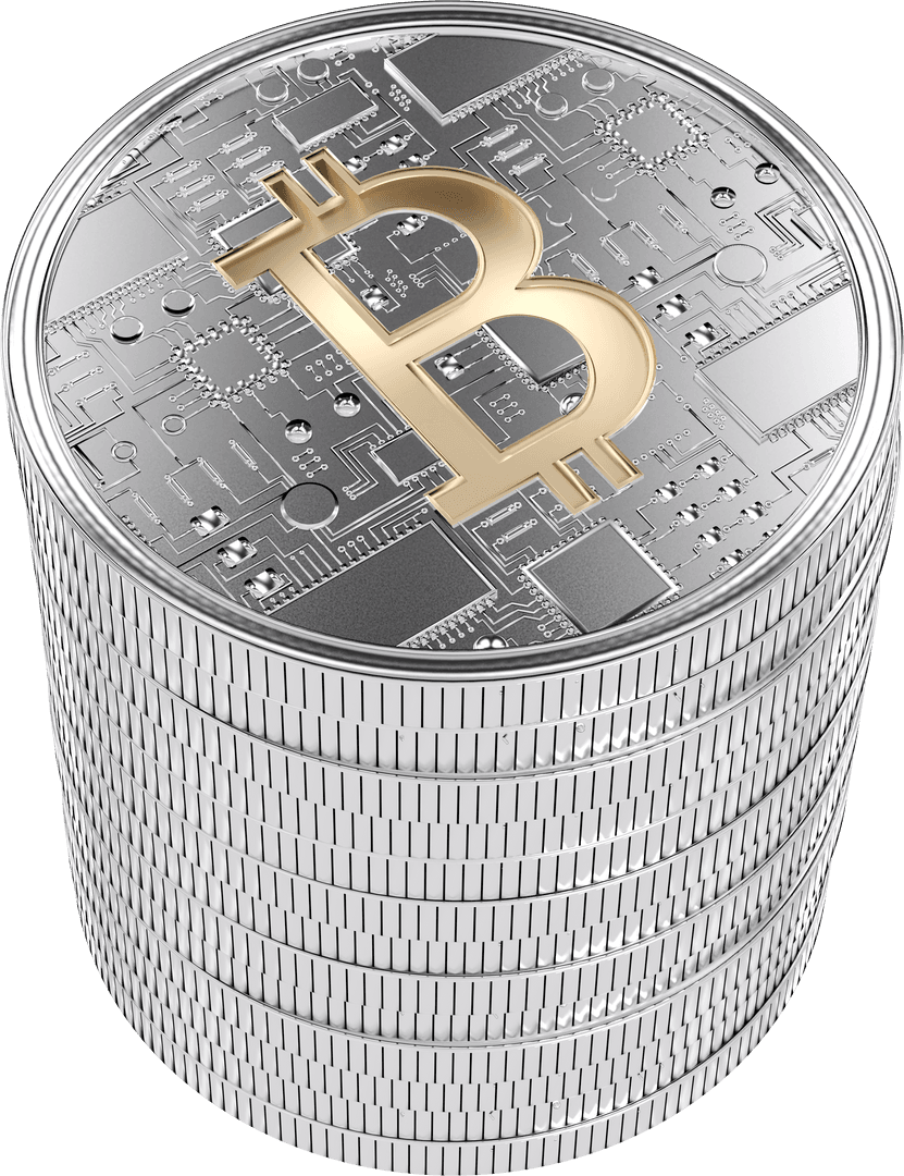 Transparent Stack of Bitcoin Coins on Digital Circuitry