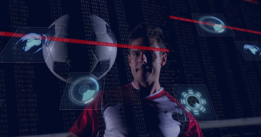 Soccer Athlete Balancing Ball with Futuristic Holograms and Data Visualization
