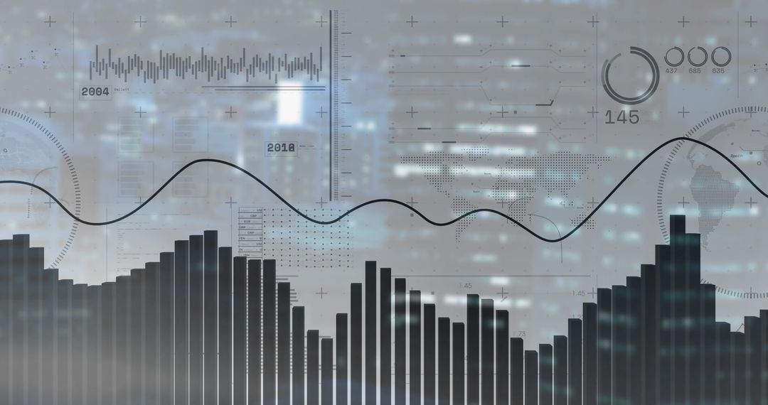 Futuristic Financial Data and Cityscape Overlay