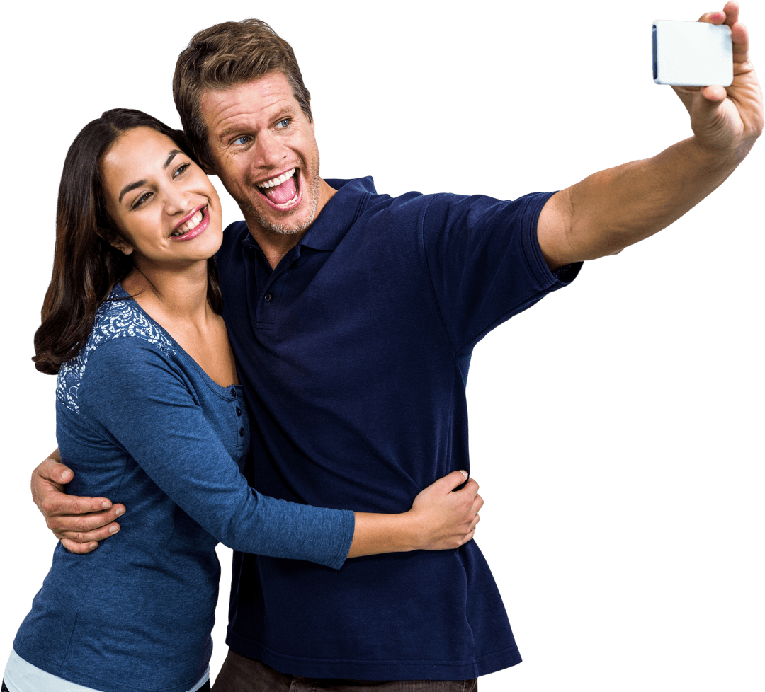 Cheerful Mixed Couple Taking Transparent Selfie