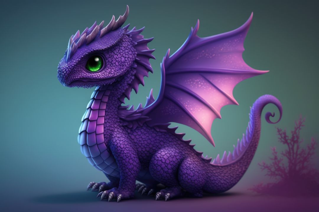 Image of cute blue dragon over purple background with plant, using generative ai technology - Free Images, Stock Photos and Pictures on Pikwizard.com