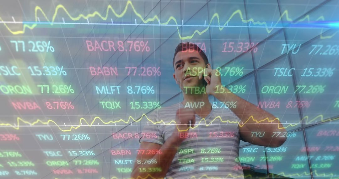 Man Analyzing Financial Trends with Overlay of Stock Market Data