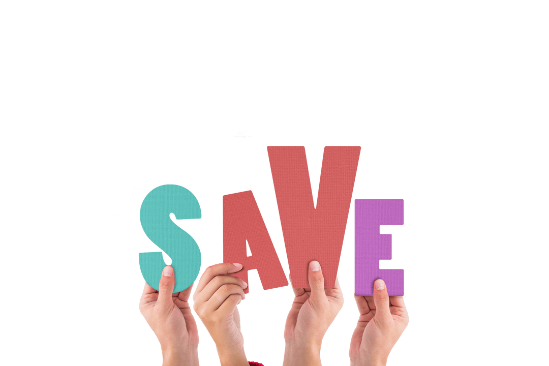 Hands Holding SAVE Text with Bright Color on Transparent Background