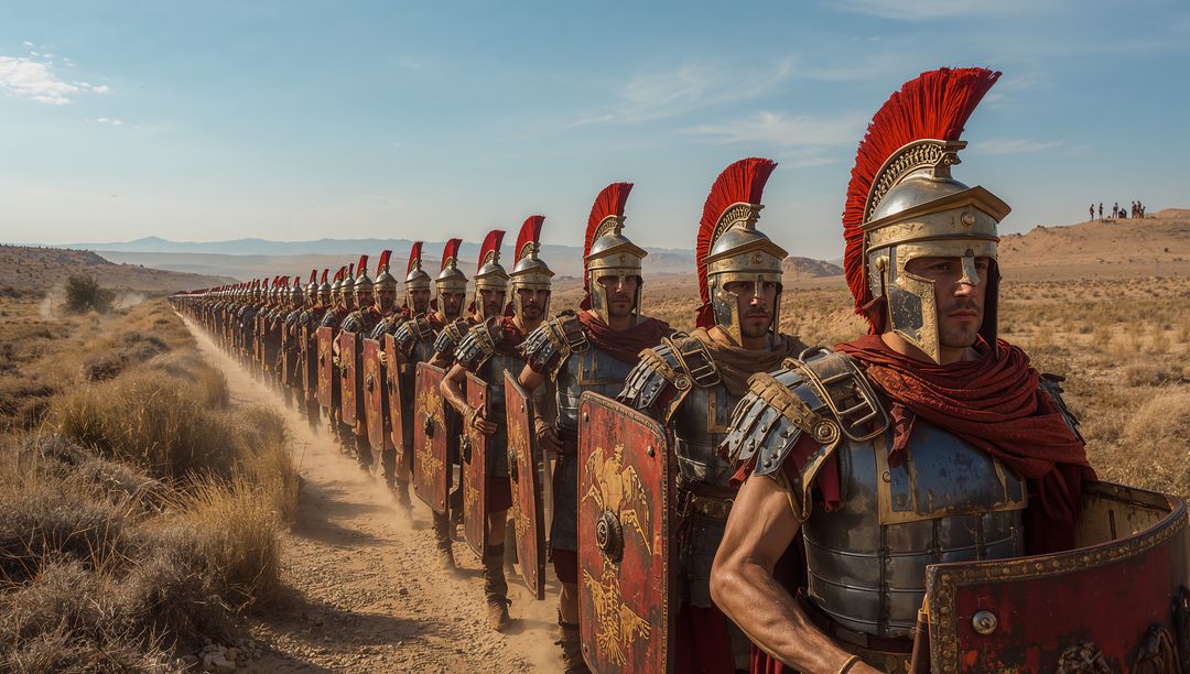 Roman legion marching across arid plain with plumed helmets and ornate scuta
