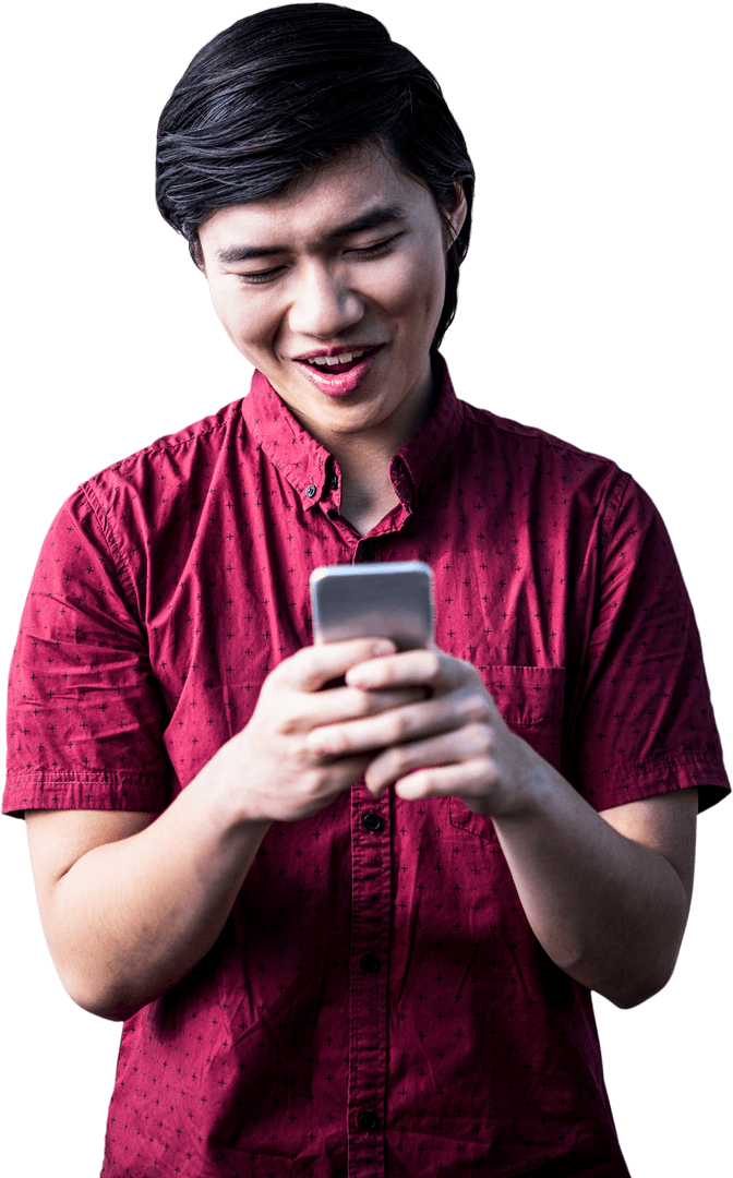 Asian Man Engaging with Smartphone on Clear Background