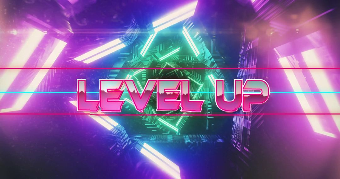 Neon Level Up Text in Futuristic Digital Tunnel