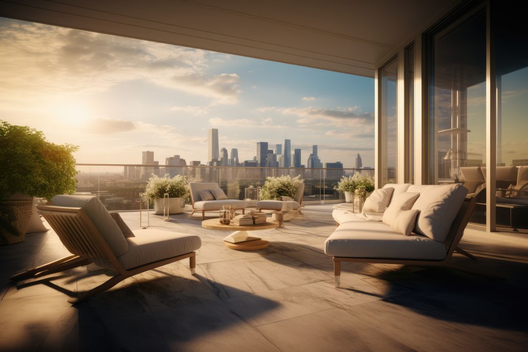 Luxurious Rooftop Terrace with Skyline View at Sunset - Free Images, Stock Photos and Pictures on Pikwizard.com