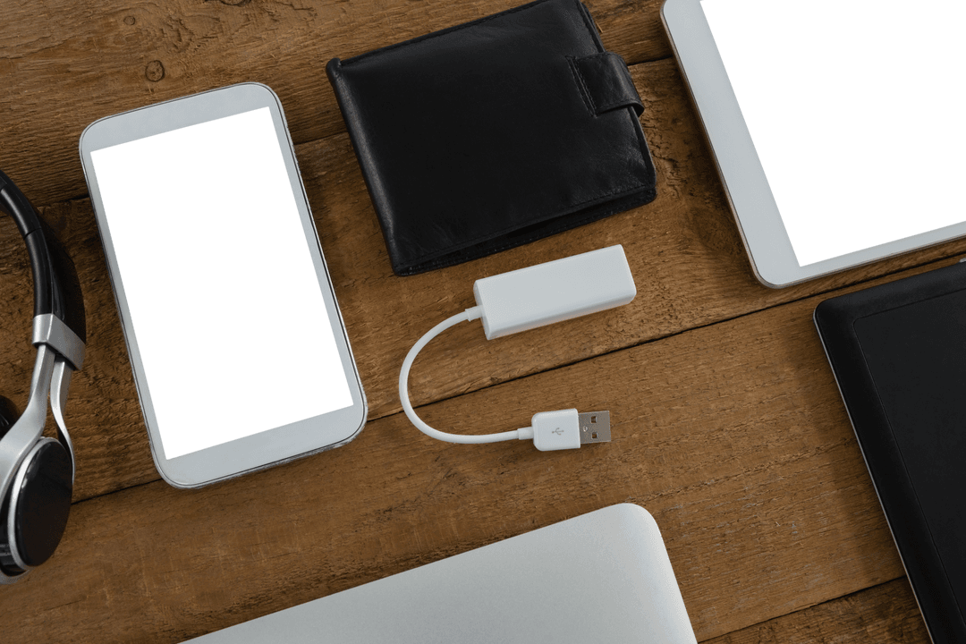 Transparent Modern Gadgets Arrangement on Wooden Surface