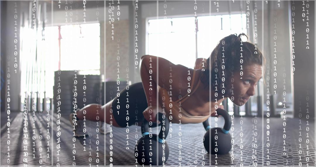 Female athlete performing renegade row with kettlebells on gym floor, binary code overlay