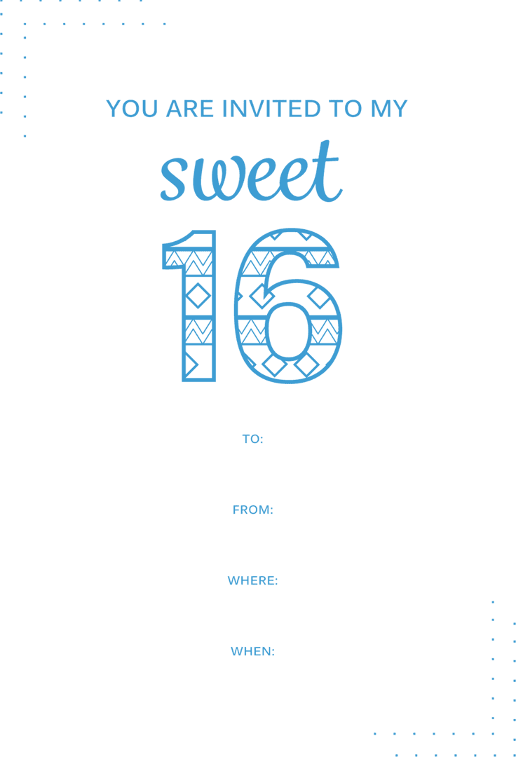 Sweet 16 Birthday Invitation with Blue Design on Transparent Background